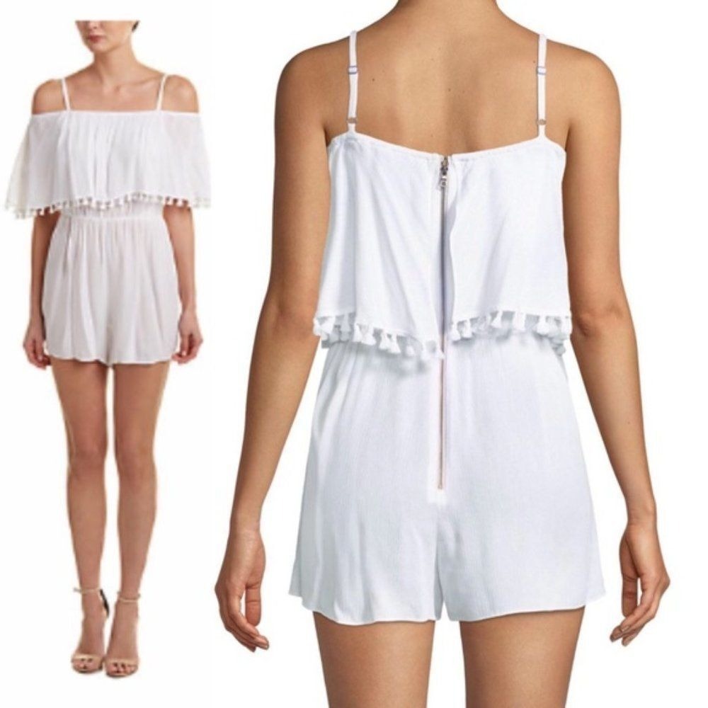 Alice + Olivia White Tassel Trim Off Shoulder Romper Size 10 NWT